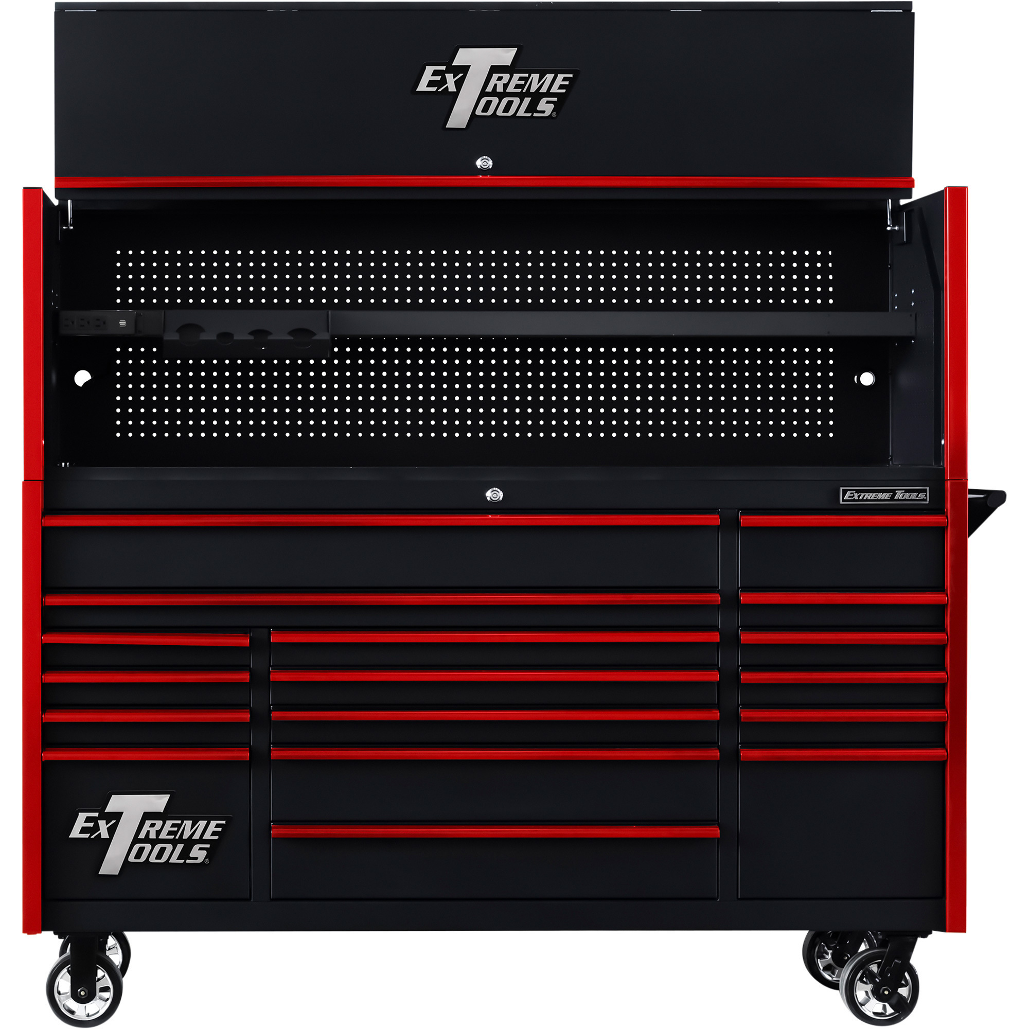 Extreme Tools Extreme Power Workstation Hutch and 17-Drawer Roller Cabinet Combo - Black/Red, Power Tool Rack, 3 Outlets, 2 USB Ports, Model# DX7218HRKR